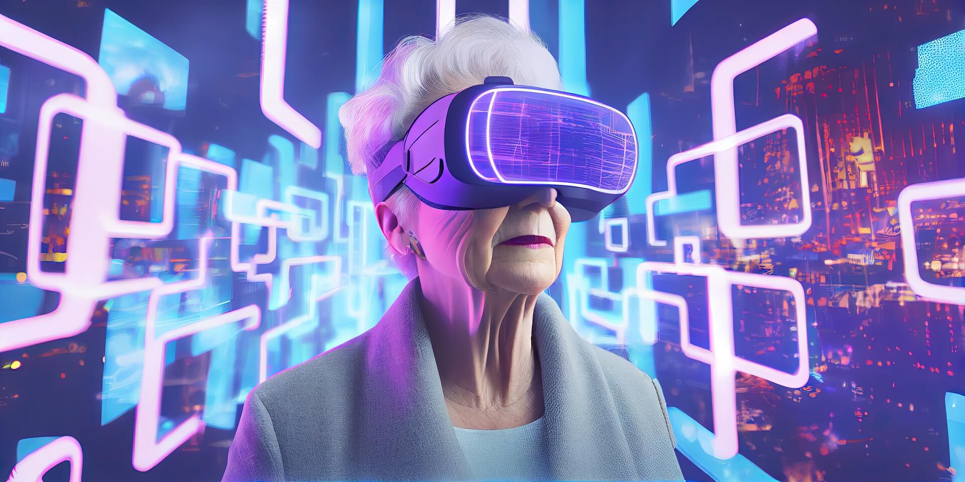 一位老年女性戴着虚拟现实头盔，站在充满未来科技感的蓝色光线构成的虚拟空间中。