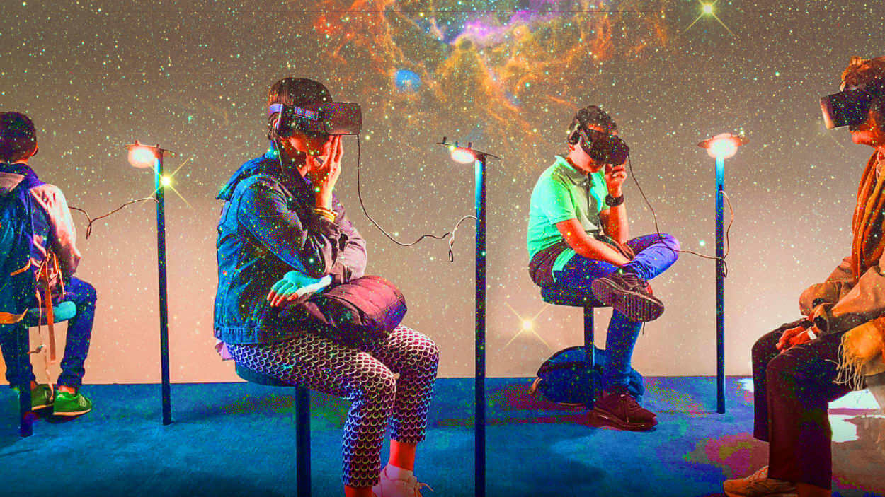 图片展示了几个佩戴虚拟现实头盔的人坐着，周围是星系般的多彩背景，仿佛置身于虚拟宇宙中。