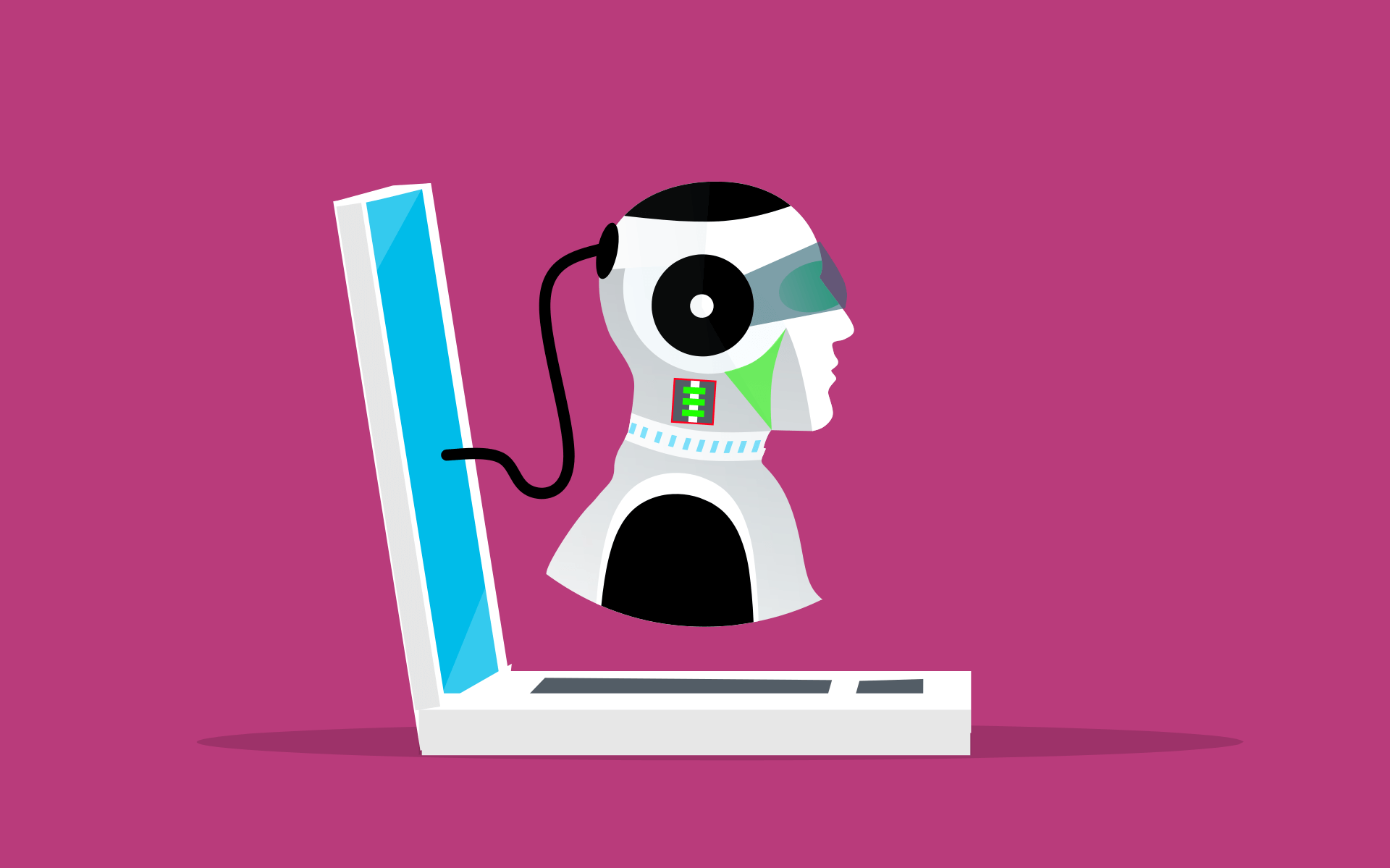 这是一张插画，展示了一个半机器人形象的客服代表，戴着耳机，从笔记本电脑屏幕中探出头来。背景为单色。