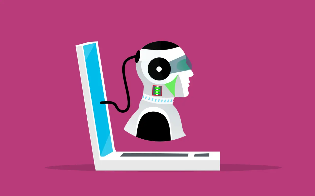 这是一张卡通风格的图片，展示了一个机器人头部与笔记本电脑相连，象征着人工智能或机器学习的概念。背景为单一的紫色。