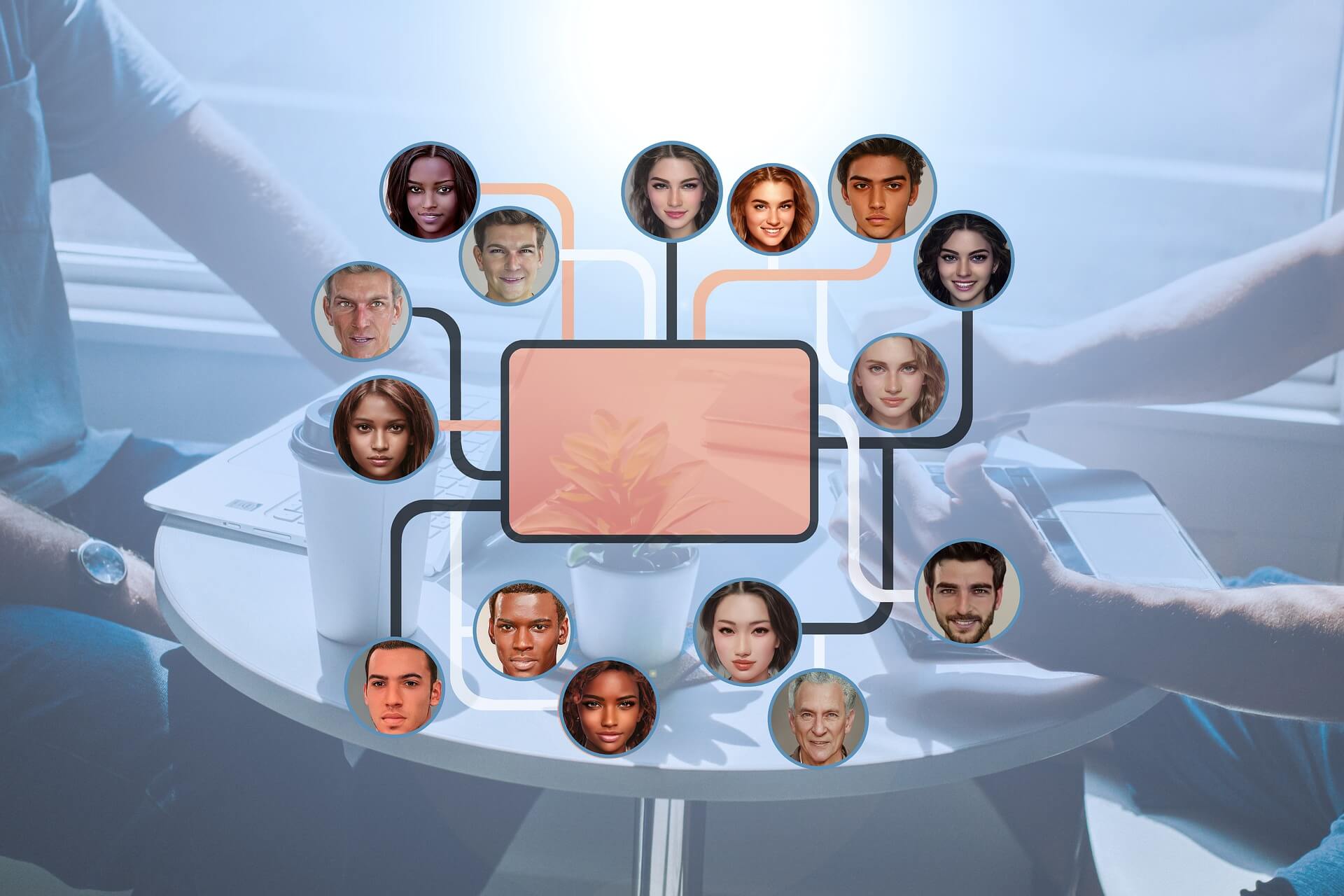 图片展示了多个不同肤色和特征的人脸浮现在一台中央设备周围，形成了一种科技感十足的会议场景。