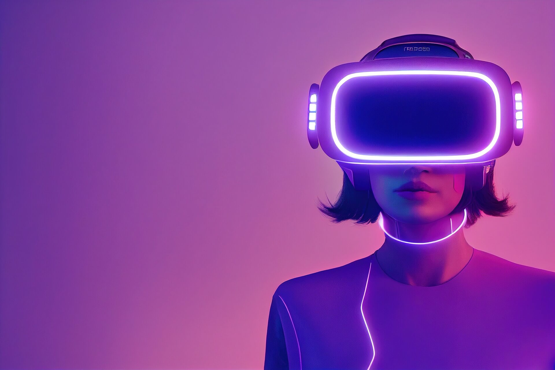 图片展示一位女性戴着虚拟现实头盔，紫色调背景，科技感十足，未来风格显著。