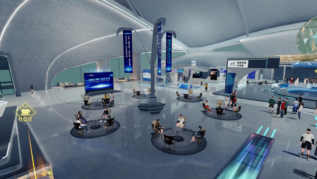 这是一张现代化机场候机大厅的图片，内有旅客、座椅、信息显示屏，设计时尚，色彩以蓝白为主，空间宽敞。