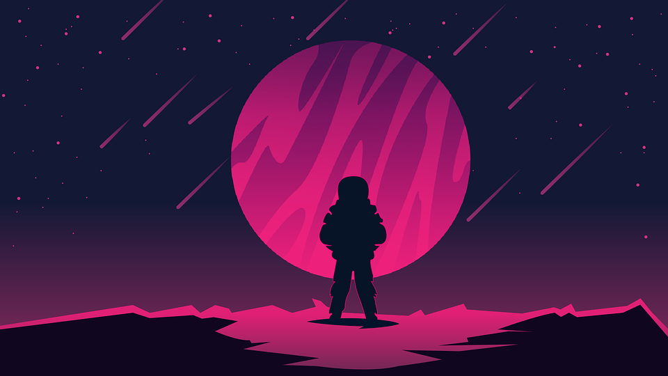 这是一张插画，展示了一个宇航员的剪影站在外星地表上，背景是巨大的紫色行星和星空中划过的流星。