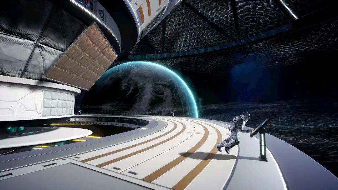 图片展示一名宇航员在太空站内部，背景是地球和星空，科幻感强烈，体现了人类探索宇宙的梦想和科技进步。