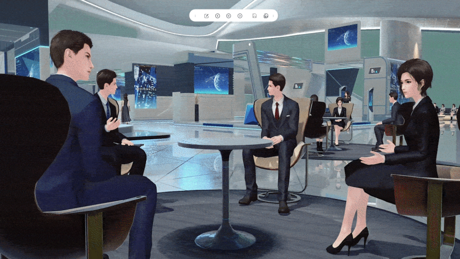 图片展示了一个现代化的室内环境，里面有多个穿着正装的3D动画人物，他们坐在桌旁或站立，似乎在进行商务会议或交流。