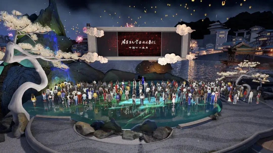 这是一张虚拟现实场景图，众多人物模型站在水中，背景是夜晚的东方建筑和樱花，营造出节日庆典的氛围。