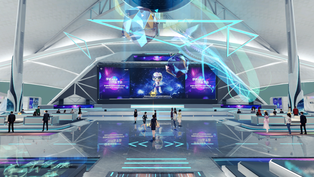 这是一张现代化室内场景图，有多个人物站立，中心是一个大屏幕，显示着娱乐内容，整体设计科技感强，色彩以蓝白为主。