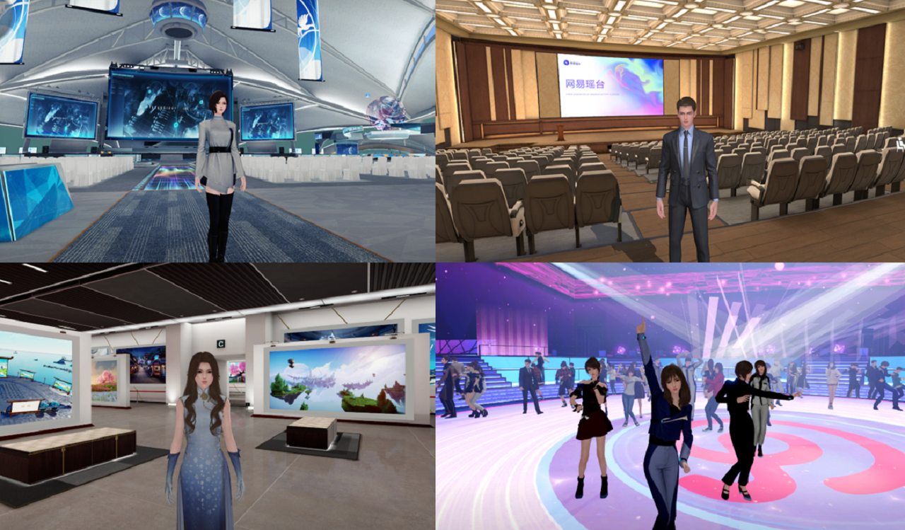 图片展示了四个不同场景中的虚拟现实空间，包含会议室、画廊和舞会，每个场景中都有虚拟人物形象。