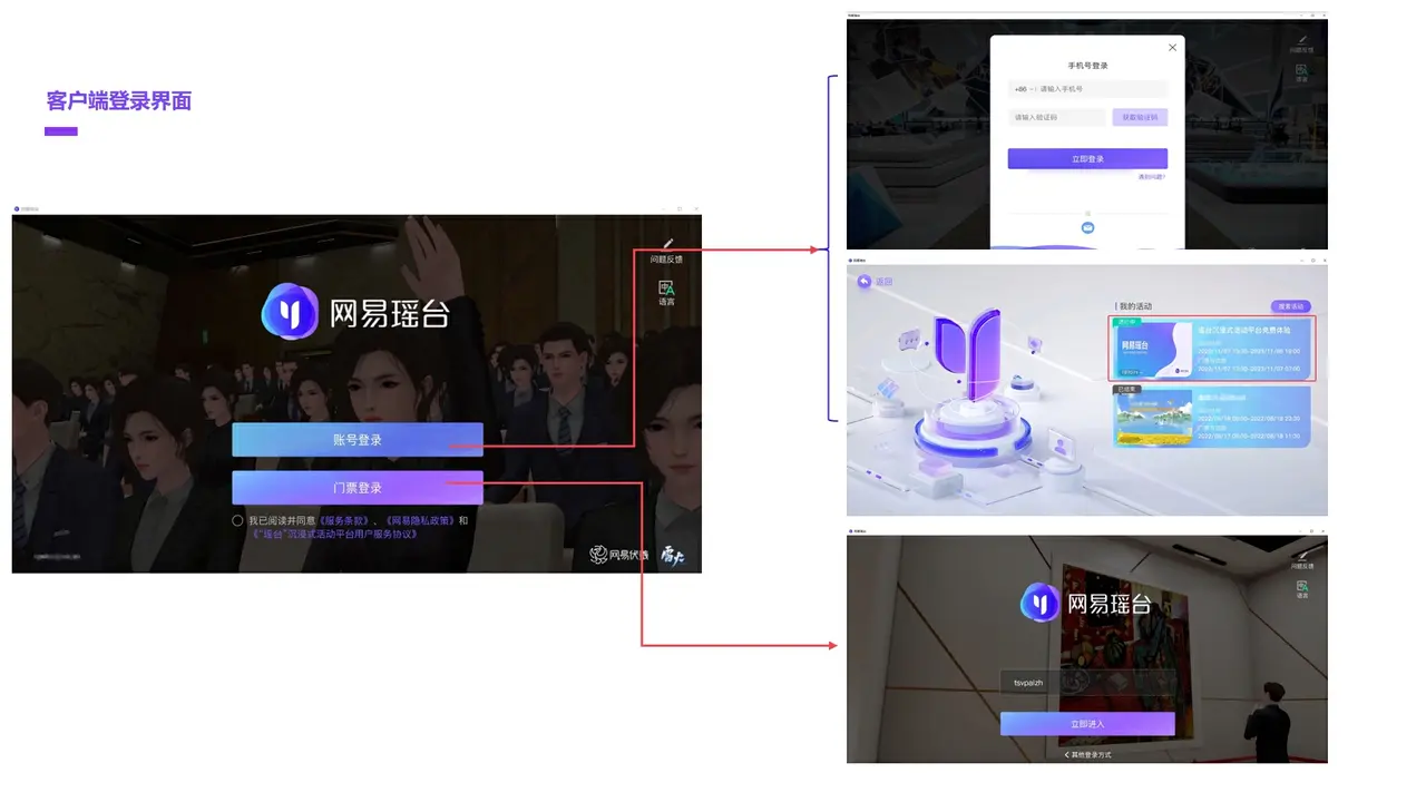 图片展示了一个虚拟现实或增强现实系统的用户界面设计方案,包含登录界面、菜单选项和现实场景中的应用示例。