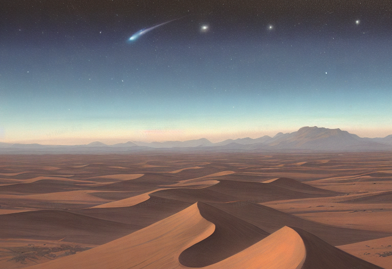 这是一幅描绘沙漠风光的艺术插画，展示了流星划过夜空，山丘和沙丘在宁静的夜色中显得格外宁静和壮观。