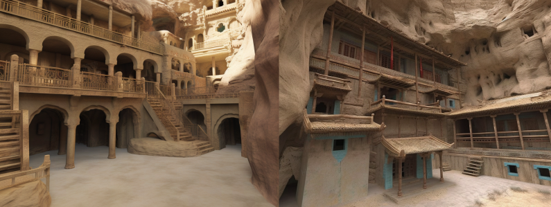 这是一张展示莫高窟的图片，呈现出古代佛教艺术的洞窟寺庙，内有复杂的建筑结构和雕塑。