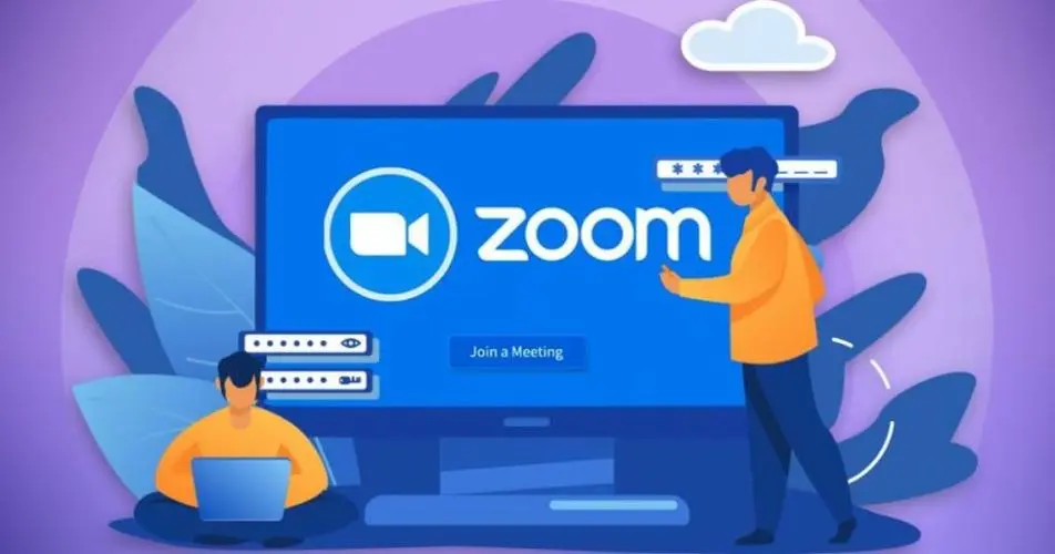 这是一张插画，展示两个人使用Zoom软件进行视频通话，一位站立一位坐着操作笔记本电脑，背景是紫色调的装饰元素。