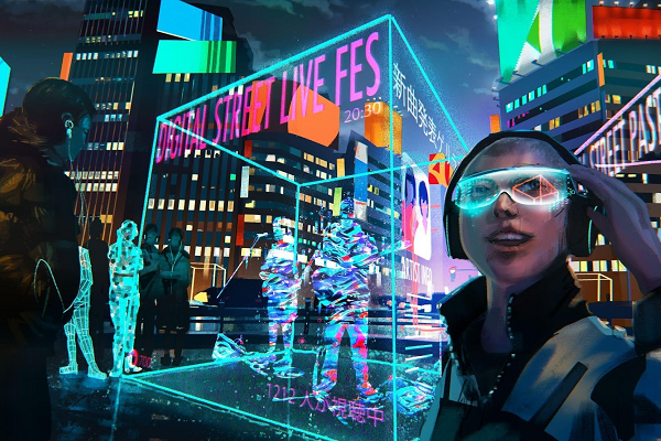 这是一张赛博朋克风格的插画，展示了霓虹灯光下的街头音乐节，人们戴着未来感眼镜，享受着夜晚的狂欢。