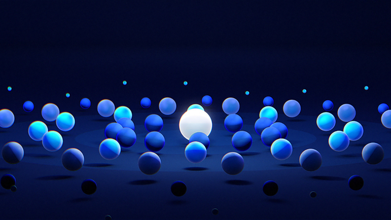 这是一张3D渲染图，展示了不同大小的蓝色球体在深蓝色背景上分布，中间有一个白色光球。