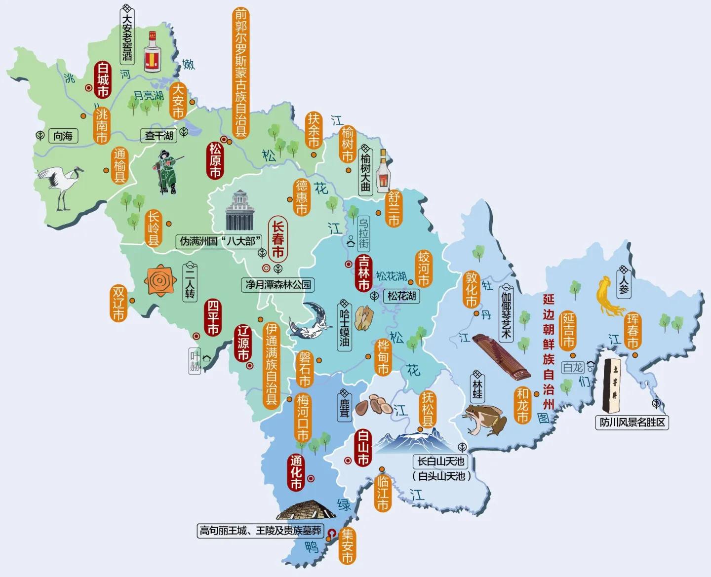 这是中国地图的插画，上面标注了各省区的文化符号、历史遗迹和特色物产，色彩丰富，信息量大，具有浓厚的旅游宣传特点。