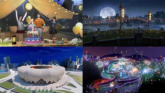 四幅图展示不同场景：庆祝活动、夜景桥梁、现代体育场馆及烟花璀璨的都市夜景。色彩丰富，氛围热烈，体现了多样的活动和建筑风格。
