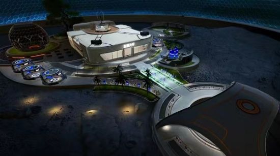 图片展示了一座现代化的海岛基地，有多个圆顶建筑和平台，周围环绕着清澈的海水，显得科技感十足。