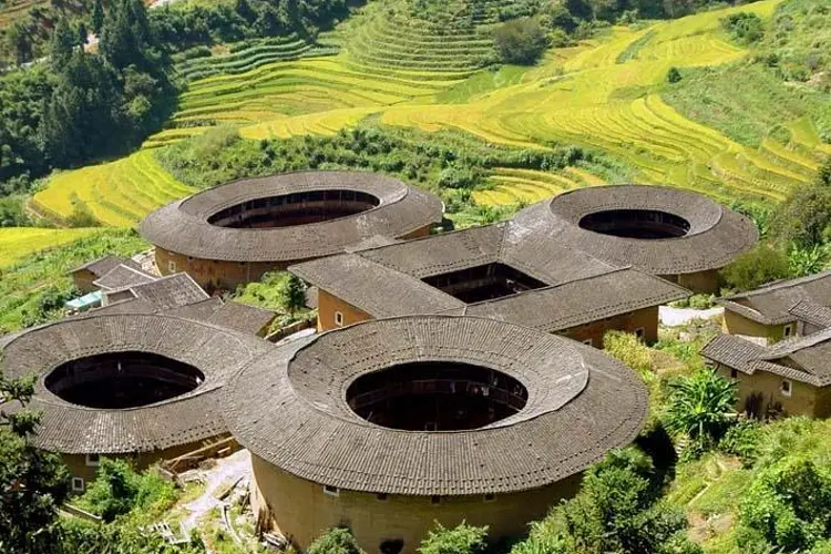 图片展示了几座中国福建土楼，它们圆形结构独特，周围是层层梯田，绿意盎然，呈现出和谐的自然与人文景观。