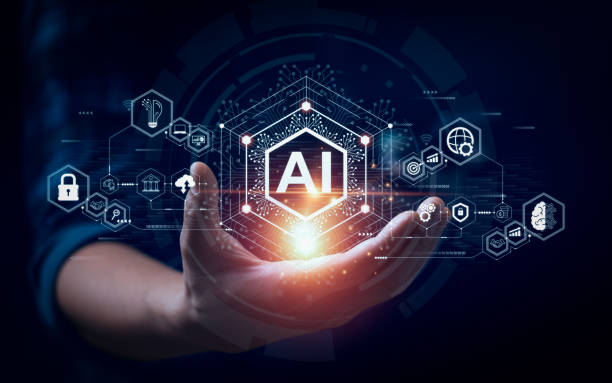 手掌中展现AI字样和符号，周围环绕着科技图标，表现出人工智能和高科技的融合。