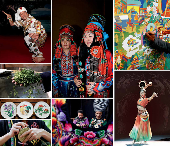 图片展示多元文化场景：传统服饰、表演艺术、绘画作品、手工艺与美食，彰显不同民族的文化特色和艺术魅力。