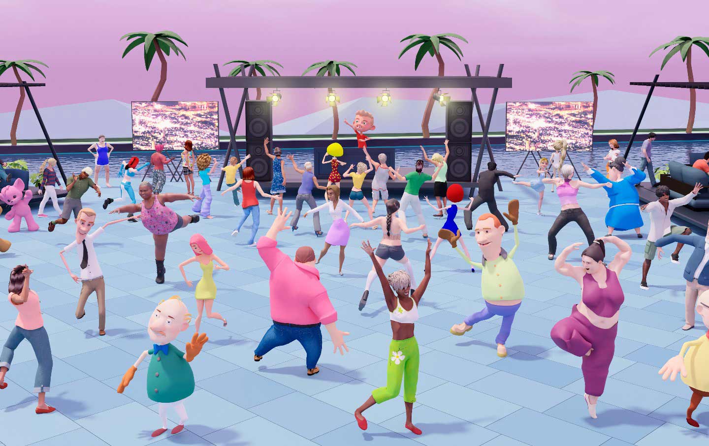这是一张动画风格的图片，展示了多个卡通人物在户外举办派对，跳舞，享受音乐，背景是海边和晚霞。