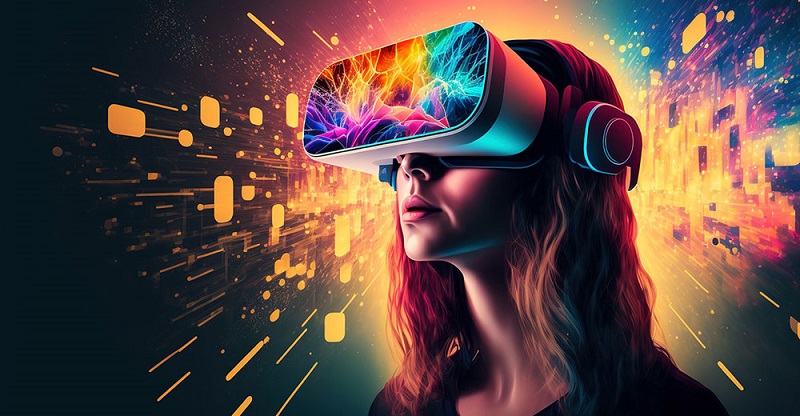 图片展示一位女性戴着虚拟现实头盔，眼前充满色彩斑斓的光影和数据块，体现了科技与虚拟世界的结合。
