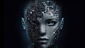 这是一张展示半人脸半机器的图像，象征着人工智能或机器人技术与人类特征的结合，富有未来科技感。