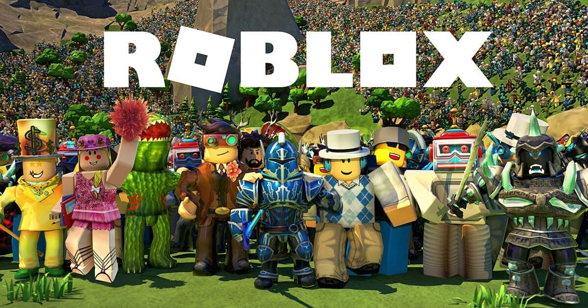 这是一张Roblox游戏的宣传图片，展示了多个不同风格和装扮的虚拟角色，背景是拥挤的玩家群和山丘。