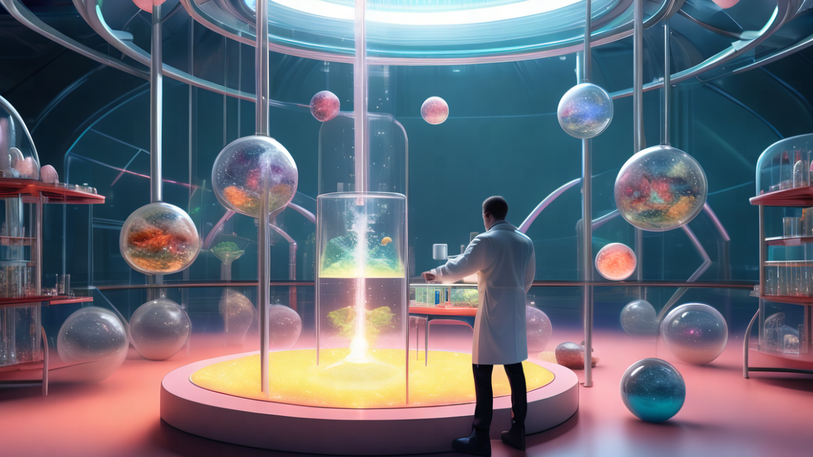 图片展示了一位科学家在充满未来感的实验室内操作，周围漂浮着多个装有不同星球模型的透明球体。