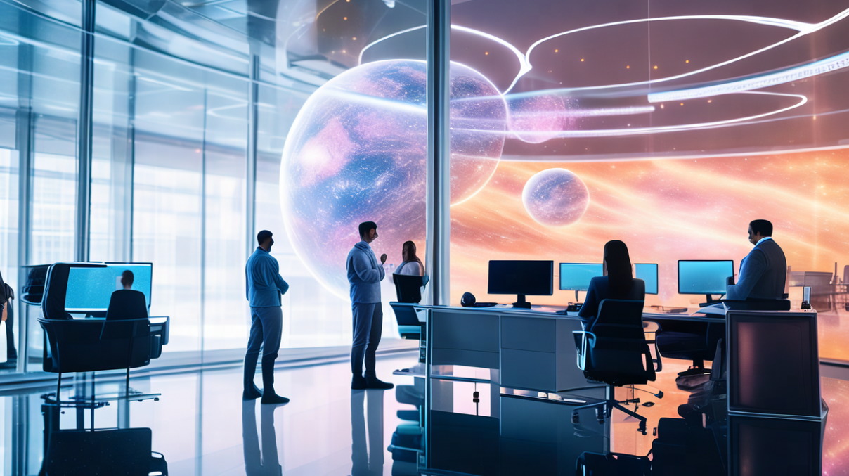 图片展示了一间现代化办公室，内有工作人员和电脑，外窗呈现宇宙星球景象，科技感十足。