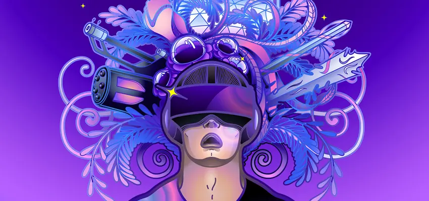 这是一张插画，展示了一位戴着虚拟现实头盔的人物，头顶有复杂的装饰，包括机械元素和自然元素，色彩鲜艳。
