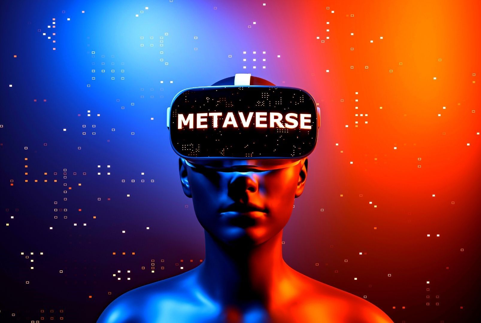 图片展示了一位戴着标有“METAVERSE”字样虚拟现实头盔的人类模型，背景是蓝红渐变色，点缀着像素风格的装饰。