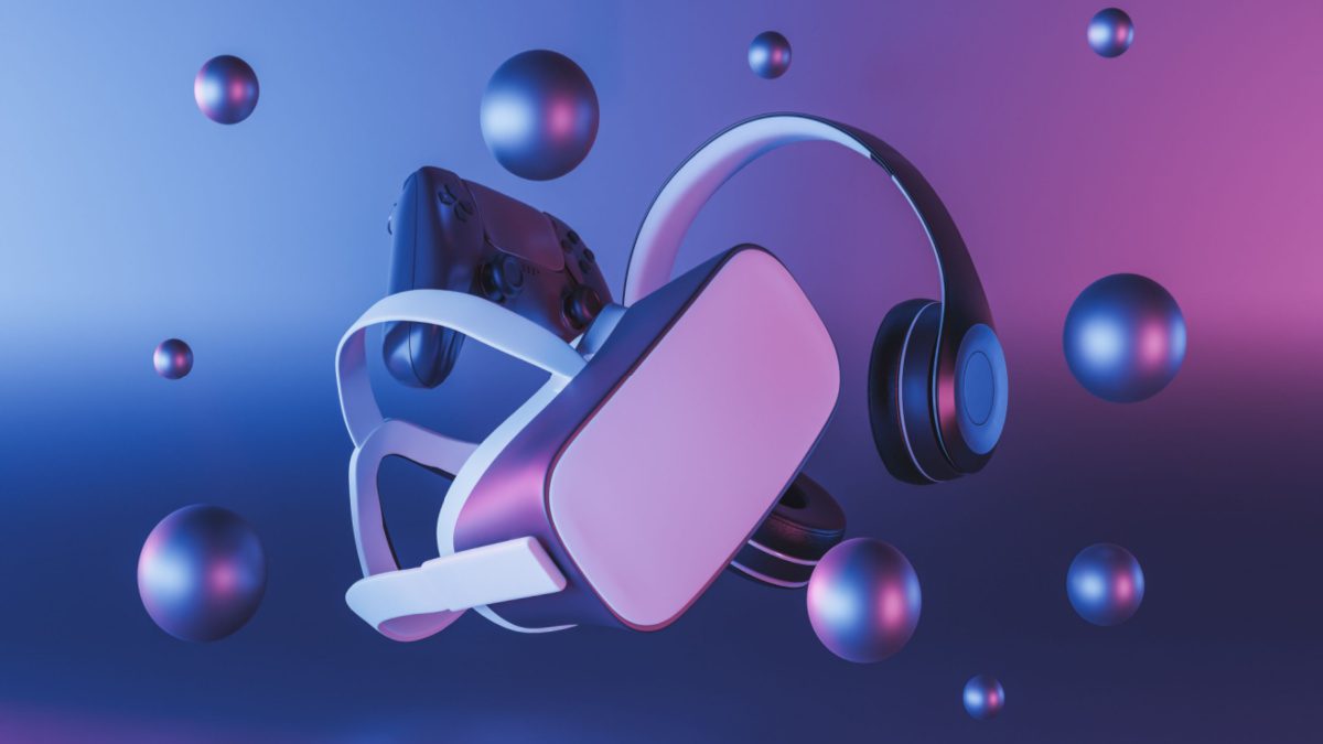 图片展示了一副现代化的虚拟现实头盔和耳机，漂浮在带有反射效果的蓝紫色渐变背景中，周围环绕着几个小球体。