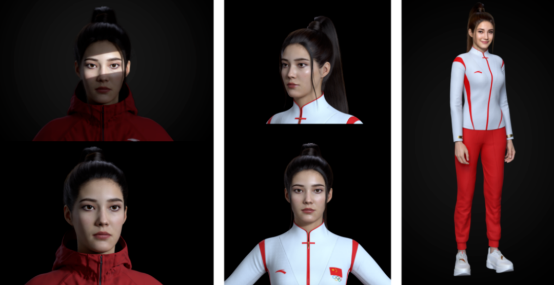 图片展示了四个女性3D模型，她们穿着带有红色和白色设计的运动服，代表可能的运动队或品牌。