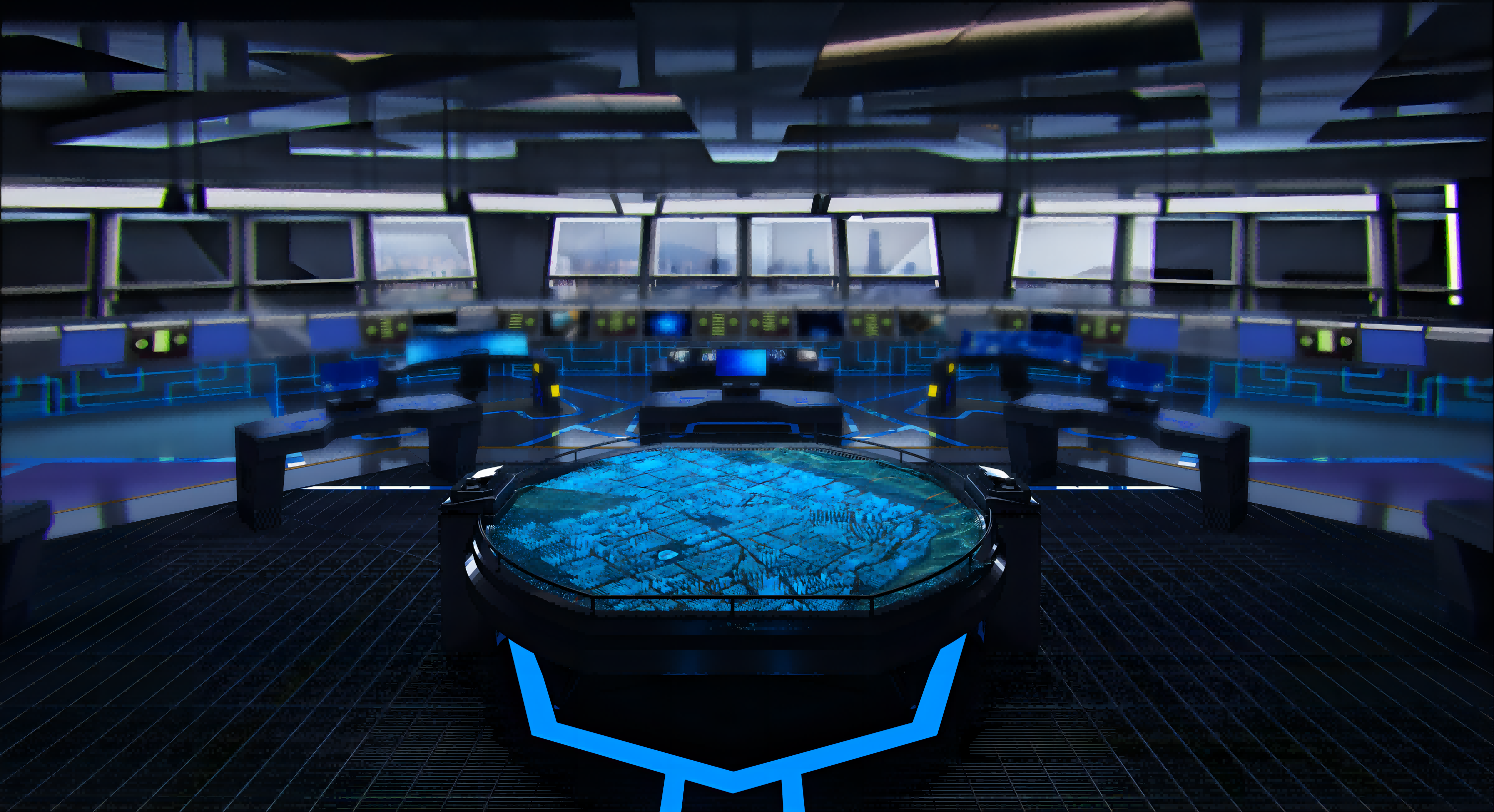 这是一张高科技控制室的图片，中央有一个圆形显示屏，四周是多个监控屏幕，整体色调以蓝色和黑色为主，显得未来感十足。