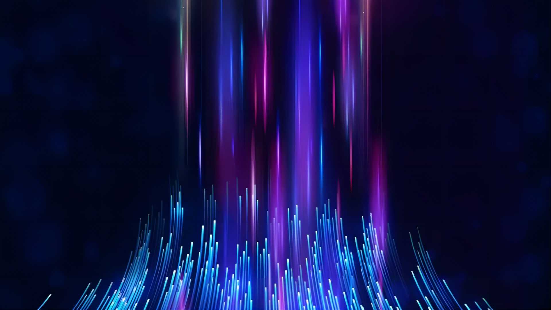 这张图片展示了一种抽象的数字艺术，彩色的光线从上方垂直下落，底部呈现出类似城市天际线的光束效果。