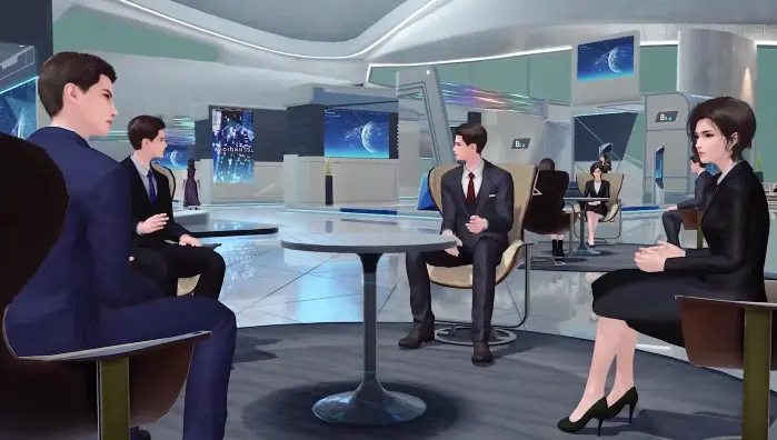 图片展示了一个现代化的办公室环境，里面有四个穿着正装的卡通人物，坐在桌子旁边，似乎在进行商务会谈。