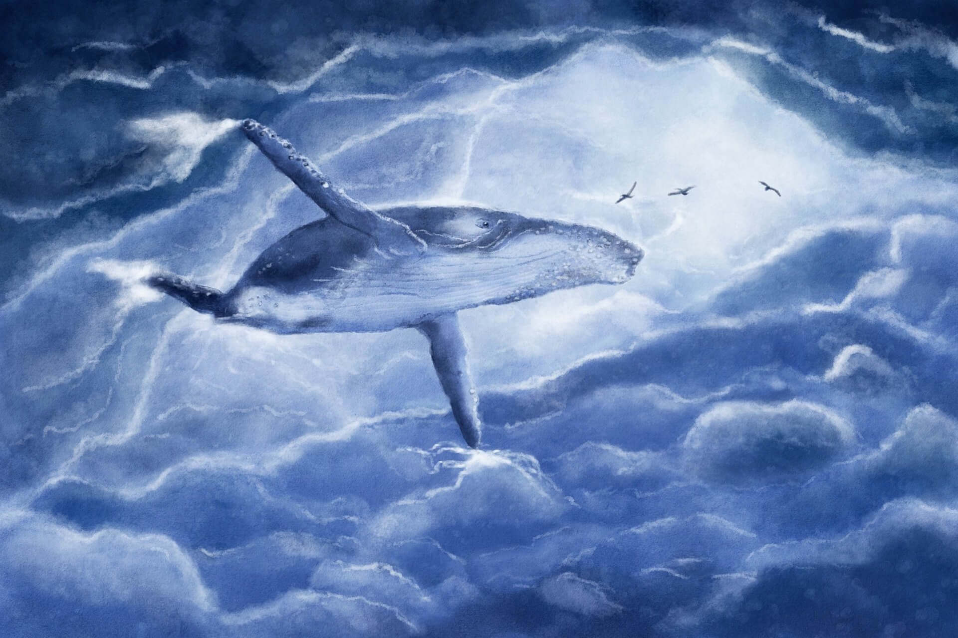 这是一幅描绘海洋生物的艺术作品，图中展示了一只庞大的鲸鱼在蔚蓝色的海水中游弋，上方有几只海鸟飞翔。