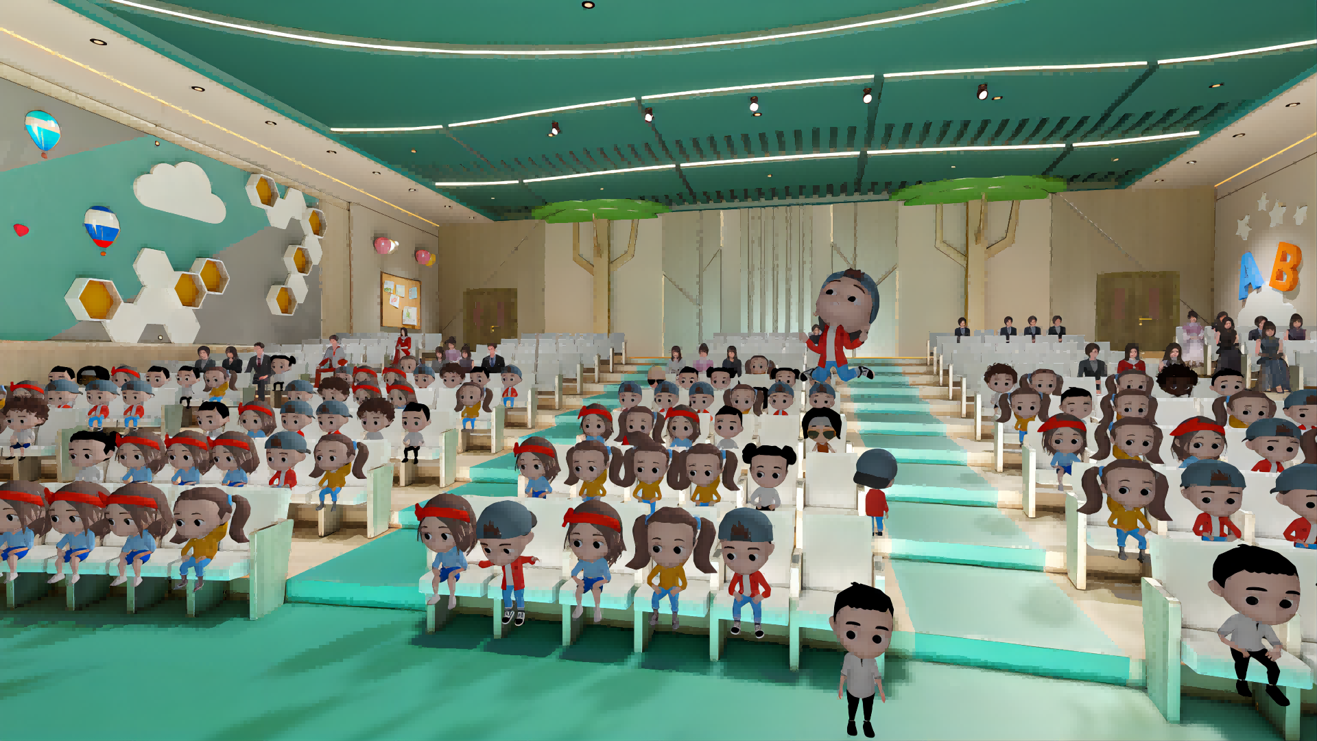 这是一张卡通风格的图片，展示了许多穿着校服的卡通人物坐在教室里，看向前方的讲台和站立的老师。