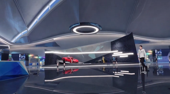 这是一张现代感十足的展厅图片，内有红色跑车，光滑地面反射着车和环境，旁有站立的人物，整体设计科技感强烈。