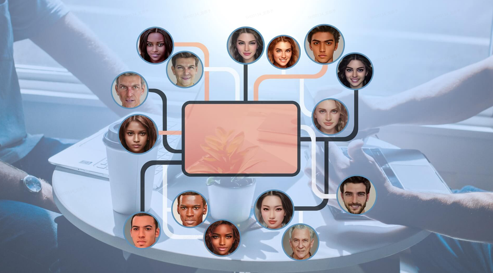 图片展示了多个不同肤色和年龄的人物头像，围绕着中央的屏幕排列，形成类似家谱或社交网络的视觉效果。