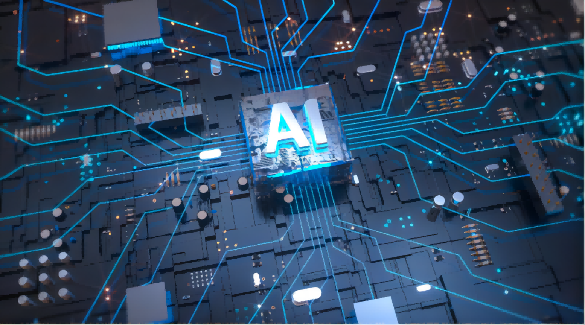 这是一张描绘电路板和集成电路的图片，中心有“AI”字样，代表人工智能，呈现科技感和未来主义风格。