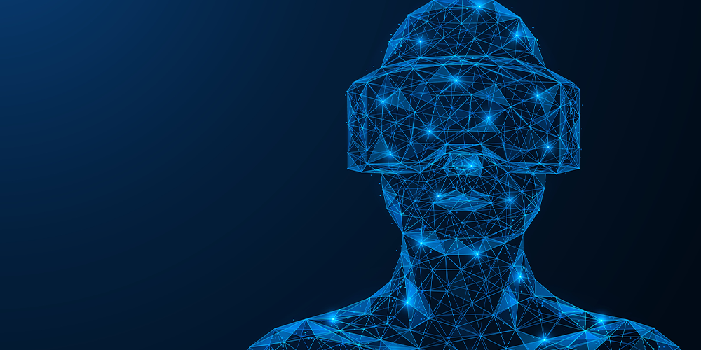 图片展示了一个由蓝色线条和连接点构成的数字化人物头像，佩戴着虚拟现实头盔，背景为深蓝色。