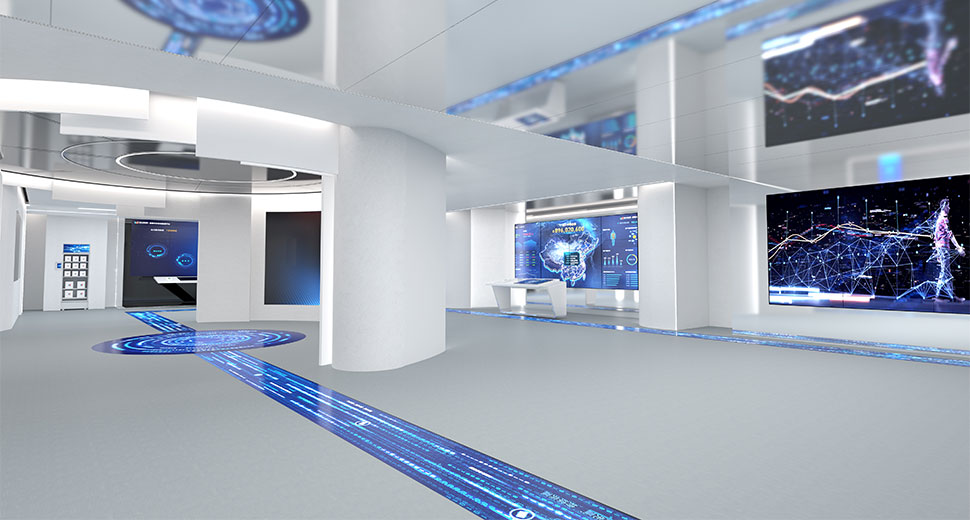 这是一张现代科技风格的室内设计图，里面有多个显示屏展示数据和图表，整体色调以蓝白为主，显得未来感十足。