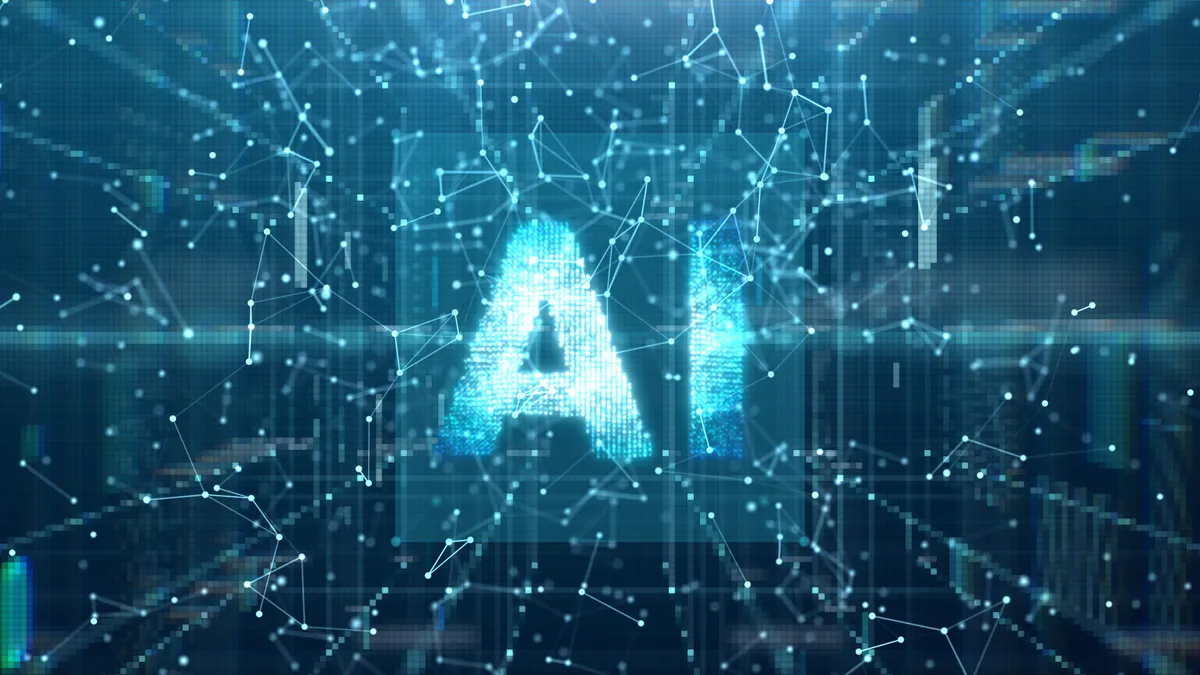 这张图片展示了一个由光线和连接点构成的三维网络结构，中心是蓝色发光的“AI”字样，体现了人工智能和技术的主题。