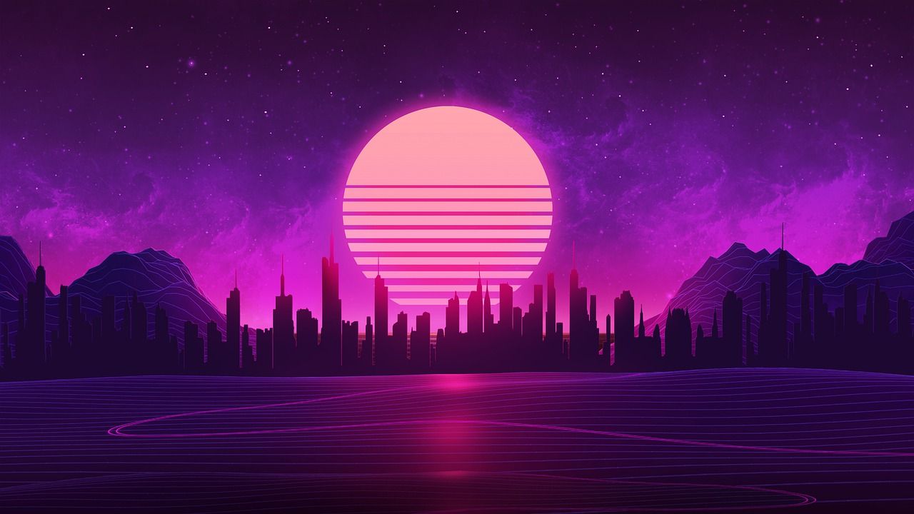 这张图片展示了一个紫色调的未来风格城市轮廓，中央有一个巨大的太阳或月亮，整个场景散发着赛博朋克风格的氛围。