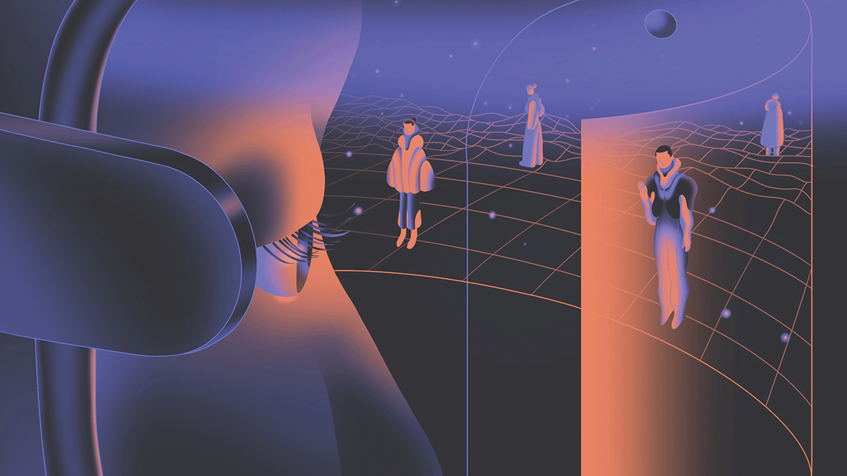 这是一幅抽象风格的插画，展示了未来感的虚拟空间，几个人物分布在其中，有的站立，有的漂浮，整体色调为蓝紫色调。
