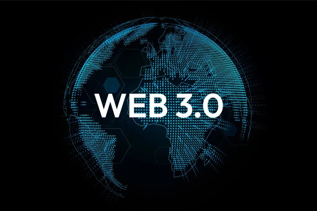 这张图片展示了一个由点阵构成的地球图案，中间有“WEB 3.0”字样，暗示了下一代互联网技术的全球性和高科技特征。