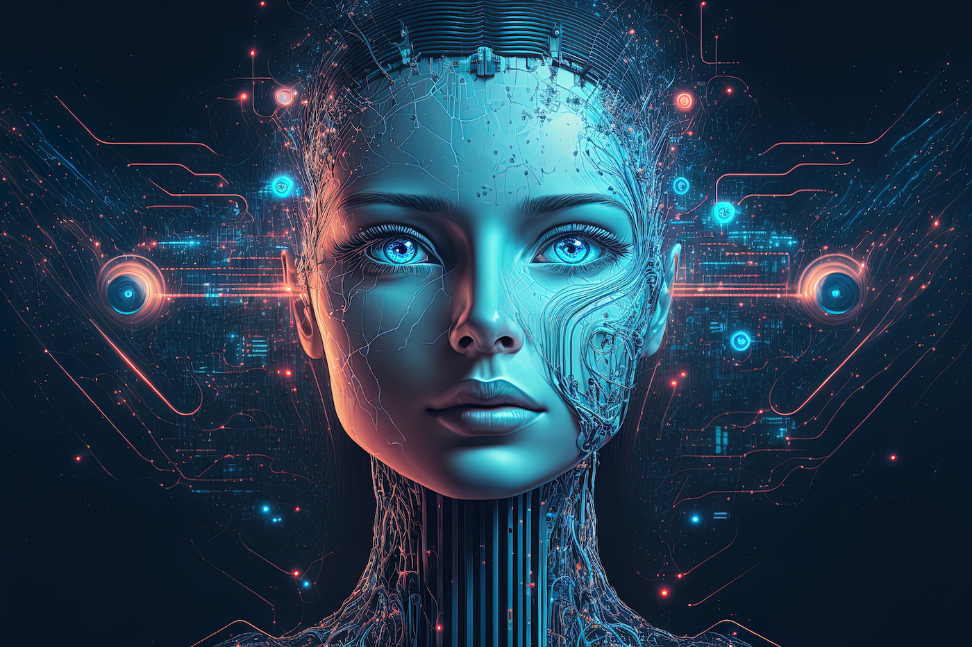 这是一张描绘半人脸半机器人头像的图像，展现了高科技与人类特征的融合，充满未来感与科幻色彩。